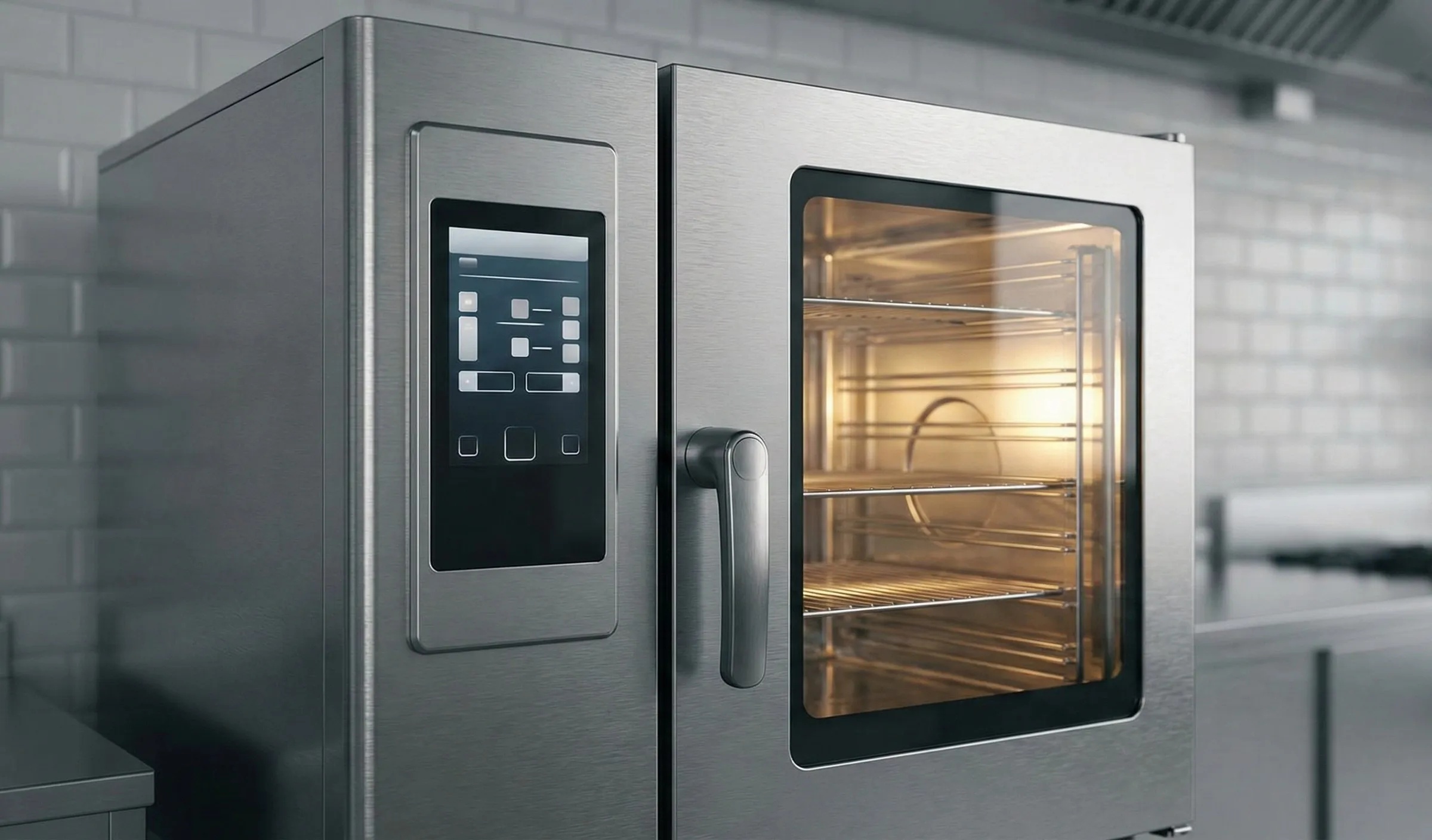 Horno mixto profesional de acero inoxidable en una cocina industrial