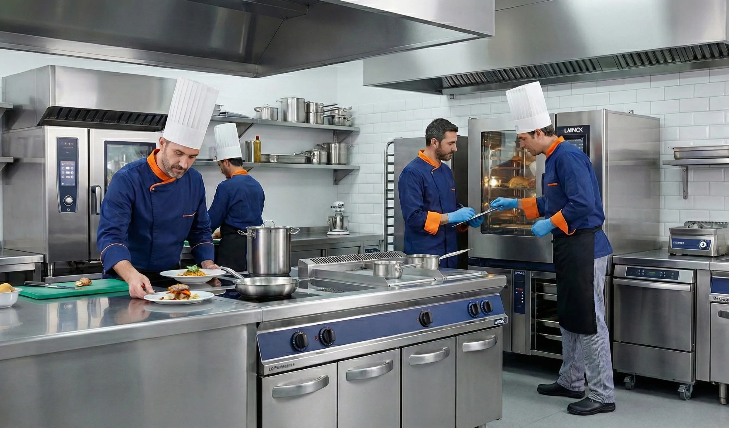 Equipo de cocina trabajando en una cocina profesional de acero inoxidable